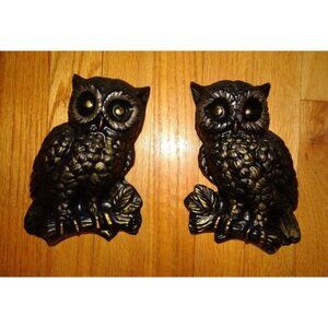 Vintage Black & Gold Chalkware Great Horned Owl Pair Wall Hanging 1970s plaque